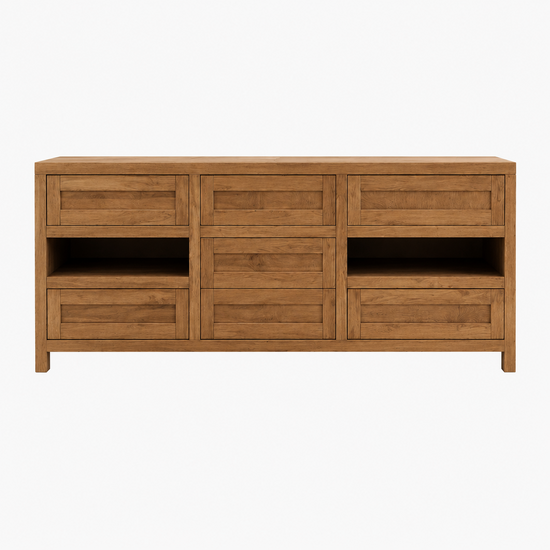 123kast   Dressoir - 220 x 50 x 80H cm - Robuust kleur eiken - 7 lades - 2 open vakken