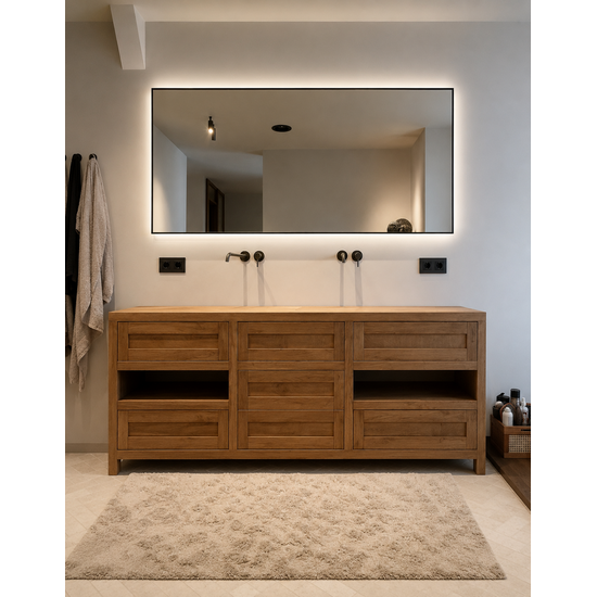 123kast   Dressoir - 220 x 50 x 80H cm - Robuust kleur eiken - 7 lades - 2 open vakken