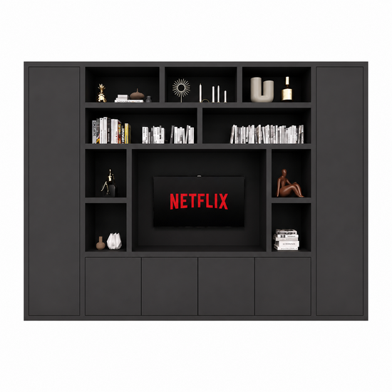 123kast  Tv vakkenkast Austin - 350x40x240H cm - open vakken - 6 greeploze dichte deuren - tv vak - cinewall - strak design  - 5cm plankdikte