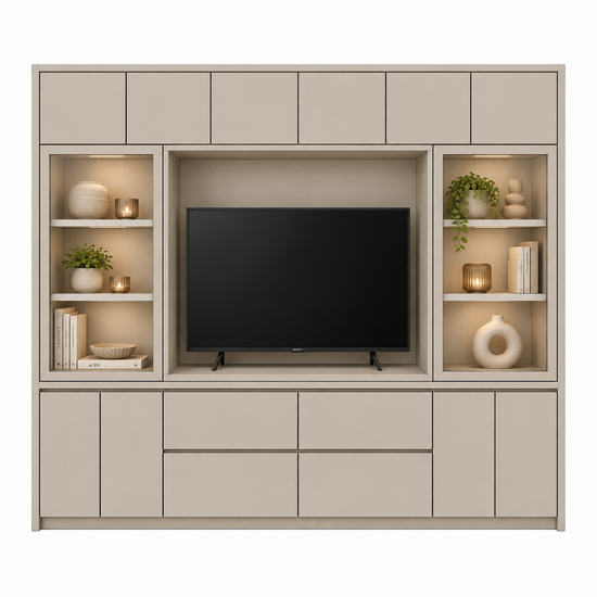 123kast  TV vakkenkast Gerlos - 325x40x240H cm - glazen schuifdeuren - push to open deuren - soft close lades - strak design
