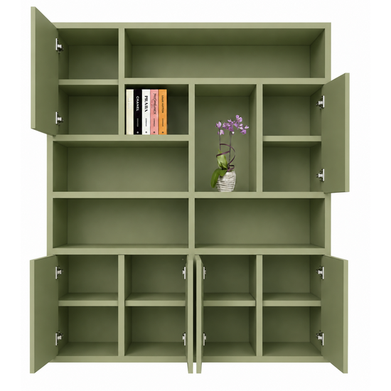 123kast  Vakkenkast Pamploma - 200x35x235H cm - 4cm plank dikte - strak design - greeploze deuren in bovenkast - open vakken - push to open deuren