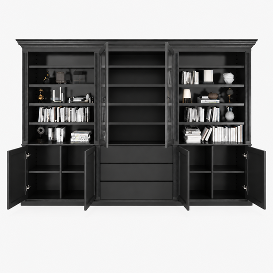 123kast  Boekenkast Amalfi  - 320x40x220H cm - verstelbare planken - vitrinedeuren - 4 push to open deuren - 3 greeploze lades