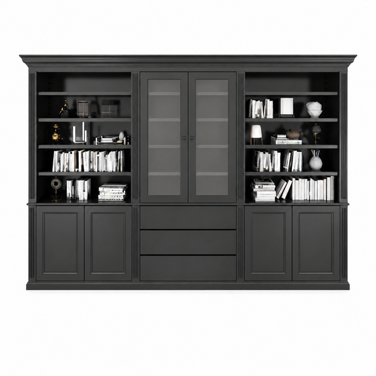 123kast  Boekenkast Amalfi  - 320x40x220H cm - verstelbare planken - vitrinedeuren - 4 push to open deuren - 3 greeploze lades
