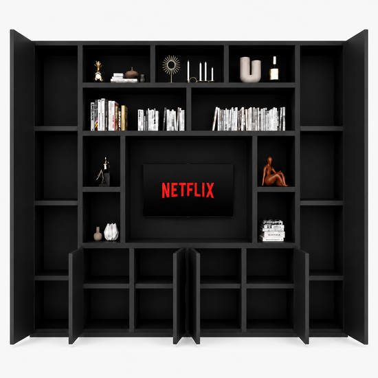 123kast  Cinewall Austin - 350x40x240H cm - open vakken - 6 greeploze dichte deuren - tv vak - cinewall - strak design