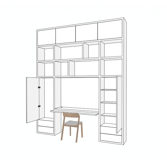 123kast Bureau vakkenkast Termoli - 280x40x335H cm - push to open deuren - push to open lades - 4cm plank dikte - strakke afwerking