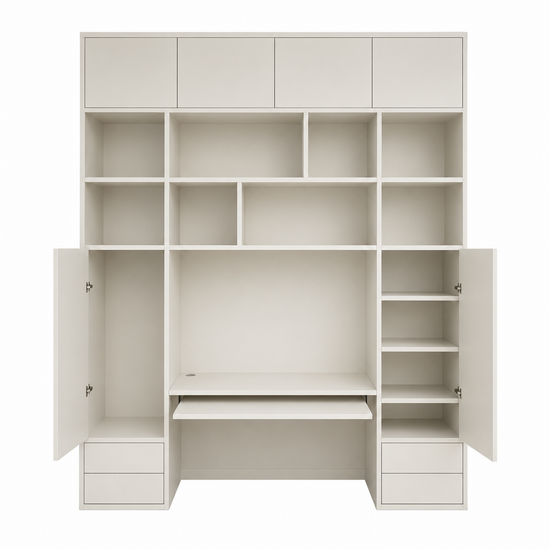 123kast Bureau vakkenkast Termoli - 280x40x335H cm - push to open deuren - push to open lades - 4cm plank dikte - strakke afwerking