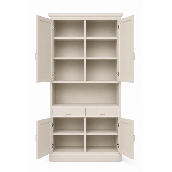 123kast Opbergkast Tenby - 150x35x160H - 4 dichte push to open deuren met sierlijke lijst op deuren - 2 push to open lades