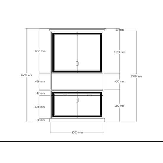123kast Opbergkast Tenby - 150x35x160H - 4 dichte push to open deuren met sierlijke lijst op deuren - 2 push to open lades