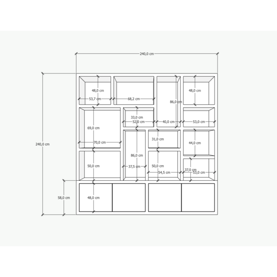 123kast Malawi 240x45x240H cm - strak design - 4 greeploze push to open deuren - 5cm plank dikte