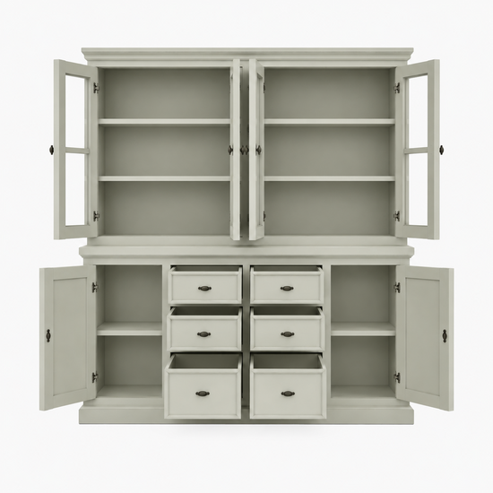123kast  Buffetkast Foggia 04 - 220x48x225H cm - 4 vitrinedeuren - 6 soft close lades - 2 dichte deuren - landelijke/klassieke sierlijst