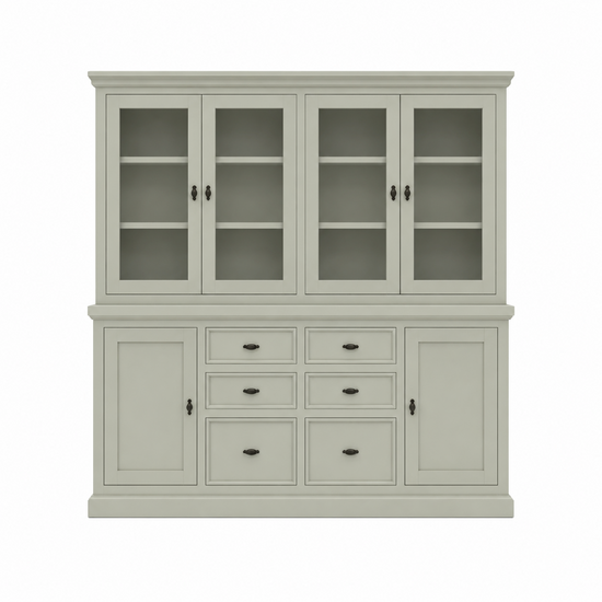 123kast  Buffetkast Foggia 04 - 220x48x225H cm - 4 vitrinedeuren - 6 soft close lades - 2 dichte deuren - landelijke/klassieke sierlijst