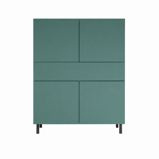 123kast  Opbergkast Piana - 112x42x162H cm - op stalen zwarte poten - 1 push to open lade - 4 push to open deuren