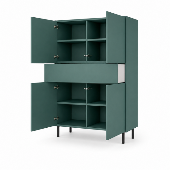 123kast  Opbergkast Piana - 112x42x162H cm - op stalen zwarte poten - 1 push to open lade - 4 push to open deuren