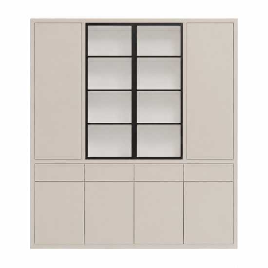 123kast  Vitrinekast Milazzo - 240x40x250H cm - push to open deuren - stalen glazen deuren - strakke afwerking