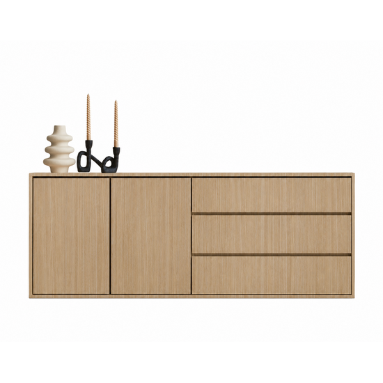 123kast  Dressoir Sidney - 220x45x80H cm -  strak design - licht eiken - 2 greeploze deuren - 3 greeploze lades