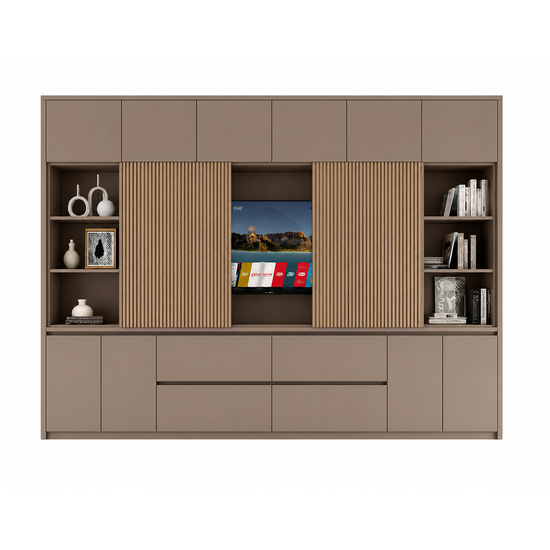 123kast  Vakkenkast/tv-kast Winterberg 2 - 320x40x240H cm - Tv vak - cinewall - eiken schuifpanelen - open vakken - 4 greeploze lades - 6 push to open deuren - 4 greeploze deuren - strak design