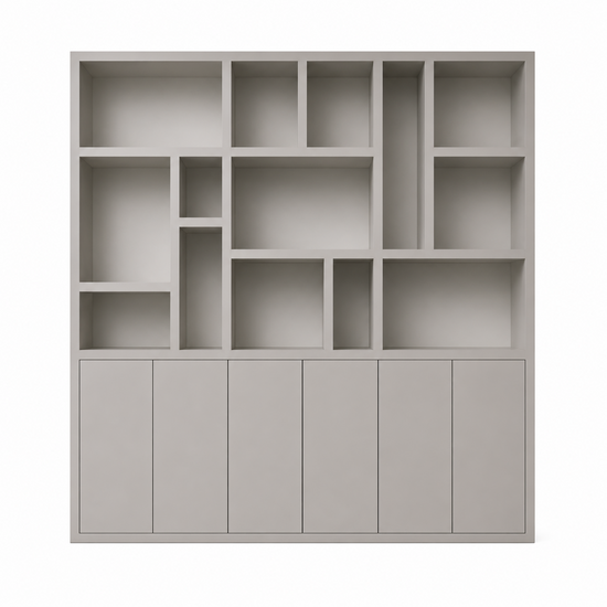 123kast  Vakkenkast Madrid - 280x40x240H cm - 5cm plank dikte - strak design - 6 greeploze push to open deuren - open vakken