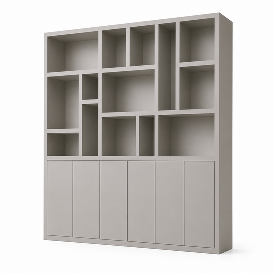 123kast  Vakkenkast Madrid - 280x40x240H cm - 5cm plank dikte - strak design - 6 greeploze push to open deuren - open vakken