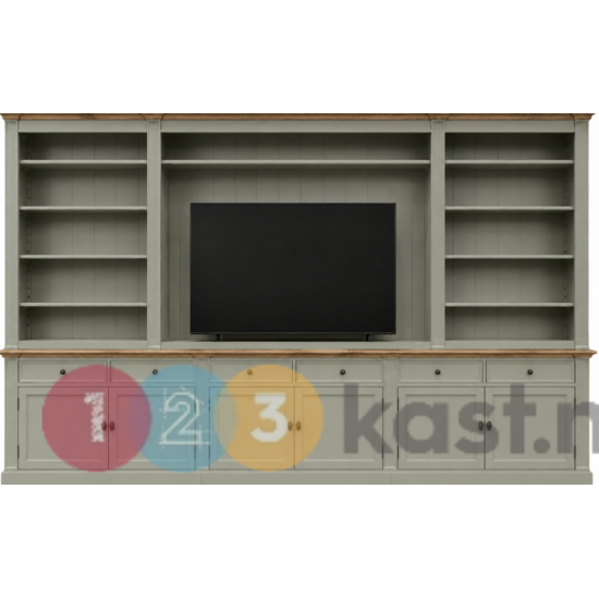 123kast Bookcabinet Modern Library - 300x43x260H cm - middle part 130cm wide for tv ( make hole for cables) - with oak middel and top list - under cabinet nog aligned with the upper cabinet