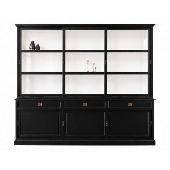 123kast  Buffetkast Miami Beach - 220x53x218H cm - 3 vitrine schuifdeuren - 3 lades - 3 dichte schuifdeuren - glazen zijkanten