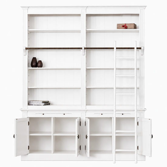 123kast  Boekenkast Melena del Sur - 200x40x240H cm - met stang en ladder - 10 planken - 2 uitschuifbare planken - 4 dichte scharnierdeuren - verstelbare planken