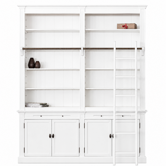 123kast  Boekenkast Melena del Sur - 200x40x240H cm - met stang en ladder - 10 planken - 2 uitschuifbare planken - 4 dichte scharnierdeuren - verstelbare planken