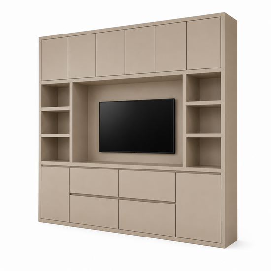 123kast  TV vakkenkast Biarritz - 260x40x220H cm - tv vak - cinewall - push to open deuren - greeploze soft close lades - open vakken - strak design - 5cm plank en frame dikte