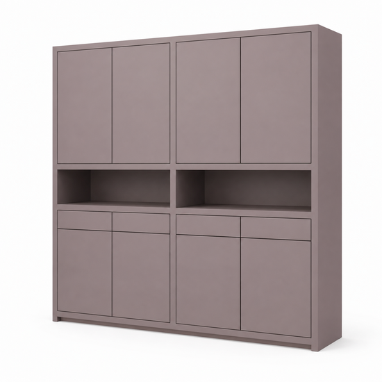 123kast  Vakkenkast Lanzarote - 240x50x240H cm - 8 push to open deuren - greeploze deuren - 4 soft close lades - strak design - open vak in het midden