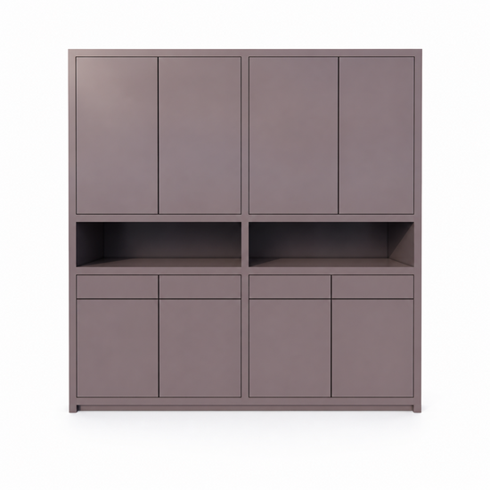 123kast  Vakkenkast Lanzarote - 240x50x240H cm - 8 push to open deuren - greeploze deuren - 4 soft close lades - strak design - open vak in het midden