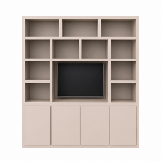 123kast   Tv vakkenkast Manhattan 05 - 220x40x240H cm - strak design - 4 push to open deuren - open vakken - cinewall - met tv kabel gat - greeploze deuren - 5cm plank dikte