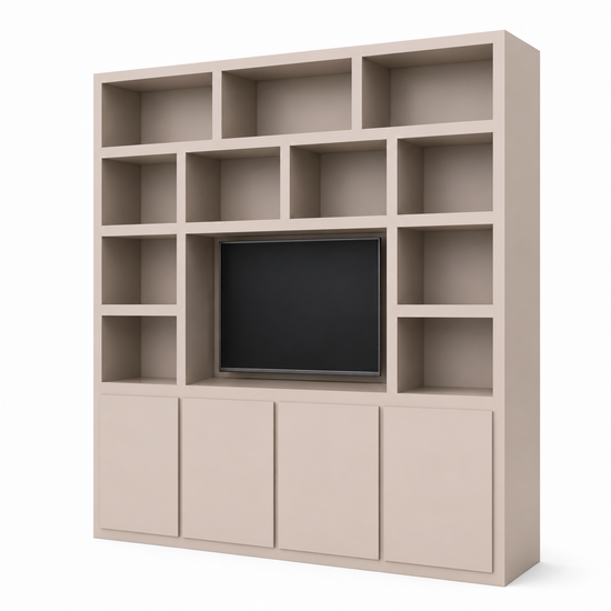 123kast   Tv vakkenkast Manhattan 05 - 220x40x240H cm - strak design - 4 push to open deuren - open vakken - cinewall - met tv kabel gat - greeploze deuren - 5cm plank dikte