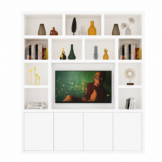 123kast  Tv/Vakkenkast Manhattan 12 - 200x40x240H cm - cinewall - tv vak - open vakken - strak design - 5cm plank dikte - 4 greeploze push to open deuren
