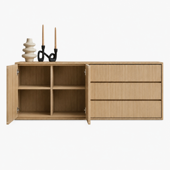 123kast  Dressoir Sidney - 220x45x80H cm -  strak design - licht eiken - 2 greeploze deuren - 3 greeploze lades