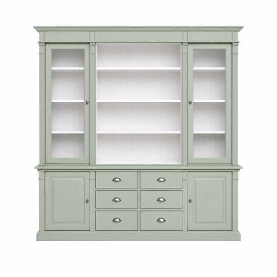 123kast  Buffet/Boekenkast Edinburgh - 225x50x230H cm - 2 vitrine deuren - open vak - 2 dichte deuren - 6 soft close lades - verstelbare planken - landelijke afwerking