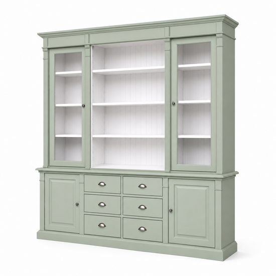123kast  Buffet/Boekenkast Edinburgh - 225x50x230H cm - 2 vitrine deuren - open vak - 2 dichte deuren - 6 soft close lades - verstelbare planken - landelijke afwerking