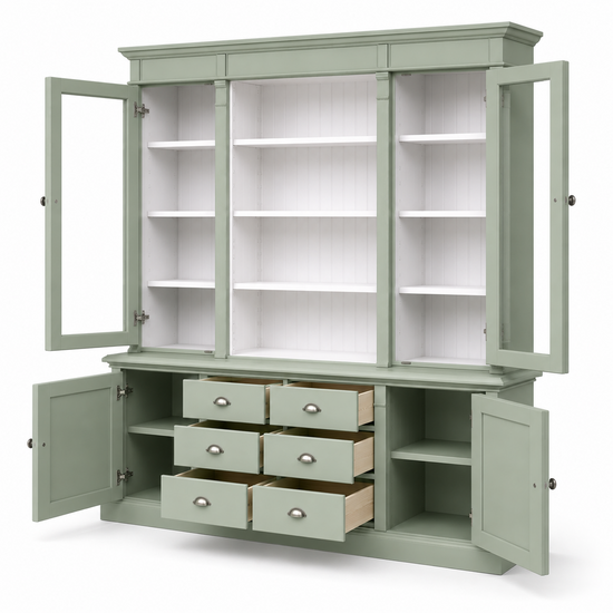 123kast  Buffet/Boekenkast Edinburgh - 225x50x230H cm - 2 vitrine deuren - open vak - 2 dichte deuren - 6 soft close lades - verstelbare planken - landelijke afwerking