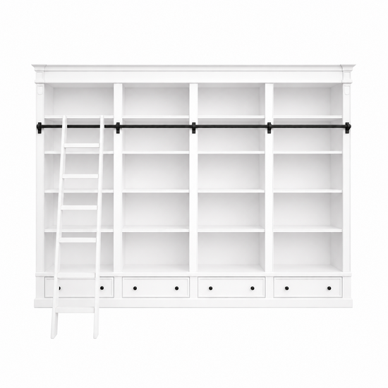 123kast  Brighton library - boekenkast - 330x40x240H cm - demontabel - met stang en ladder  - 16 verstelbare planken - 4 soft close lades