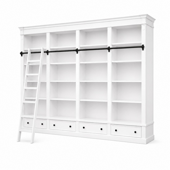 123kast  Brighton library - boekenkast - 330x40x240H cm - demontabel - met stang en ladder  - 16 verstelbare planken - 4 soft close lades