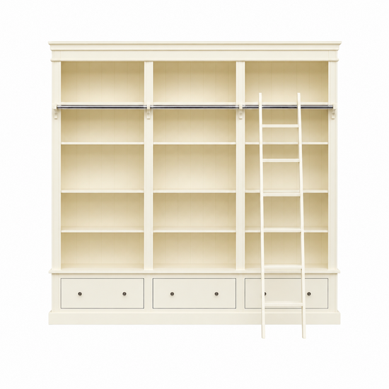 123kast  Boekenkast Brighton Library - 250x40x240H cm - demontabel - met stang en ladder - 12 verstelbare planken - 3 soft close lades