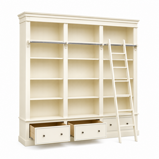 123kast  Boekenkast Brighton Library - 250x40x240H cm - demontabel - met stang en ladder - 12 verstelbare planken - 3 soft close lades