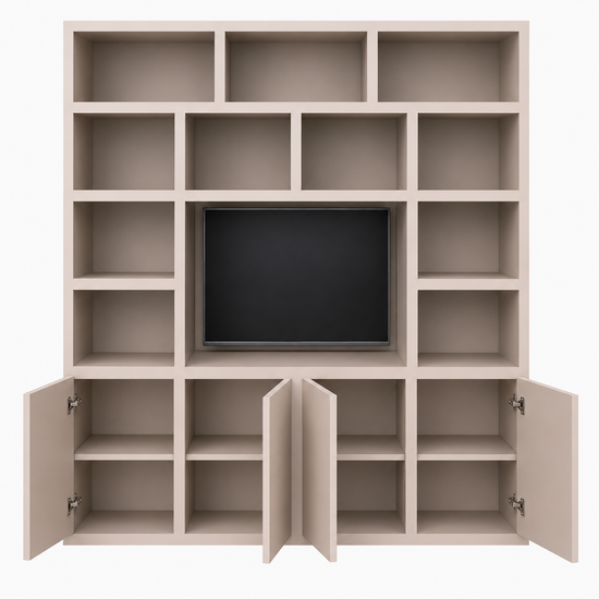 123kast  Cinewall - 220x40x240H cm - strak design - 4 push to open deuren - open vakken - cinewall - met tv kabel gat - greeploze deuren - 5cm plank dikte