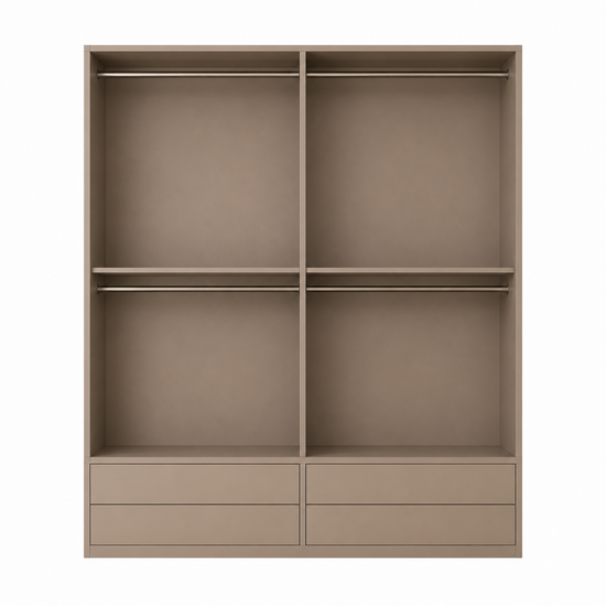 123kast Kledingkast Kiso - 200x60x240H cm - 3 cm frame dikte - 4 lades - 4 glazen deuren - 4 kleding roedes