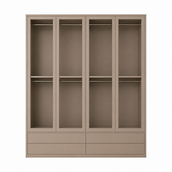 123kast Kledingkast Kiso - 200x60x240H cm - 3 cm frame dikte - 4 lades - 4 glazen deuren - 4 kleding roedes