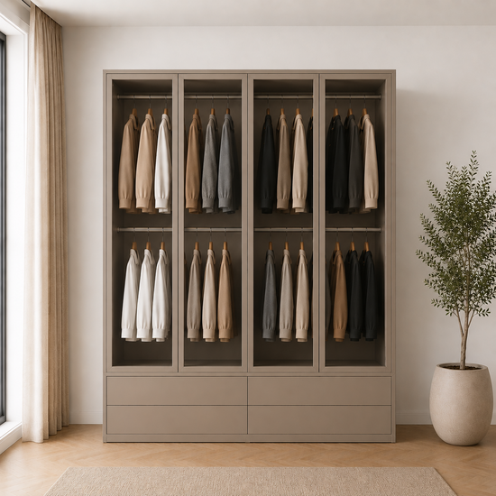123kast Kledingkast Kiso - 200x60x240H cm - 3 cm frame dikte - 4 lades - 4 glazen deuren - 4 kleding roedes
