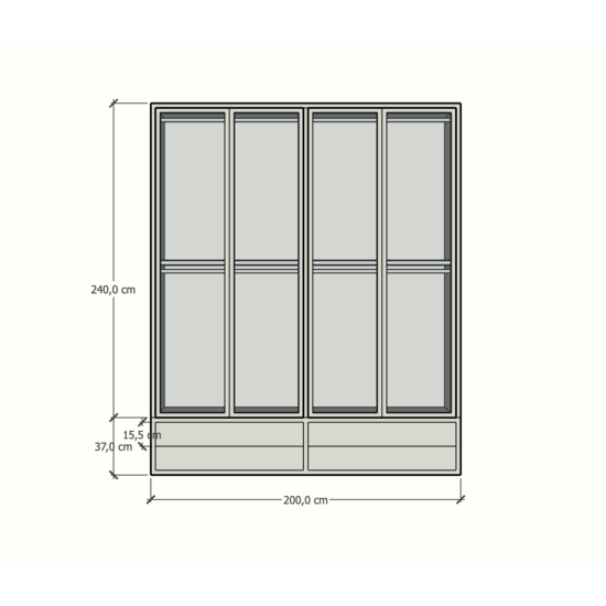 123kast Kledingkast Kiso - 200x60x240H cm - 3 cm frame dikte - 4 lades - 4 glazen deuren - 4 kleding roedes