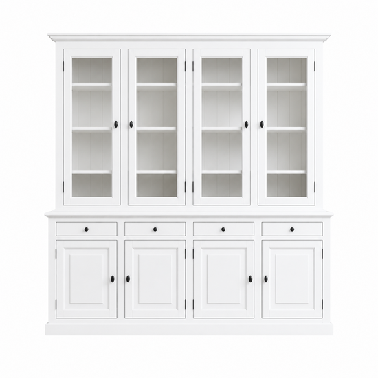 123kast  Buffetkast Santa Barbara - 230x45x230H cm - 4 vitrine scharnierdeuren - 4 soft close lades - 4 dichte scharnierdeuren - verstelbare planken