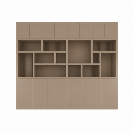 123kast  Vakkenkast Karumba - 340x50x263H cm - dichten deuren - 5cm plank dikte - open vakken - eiken panelen - strakke afwerking
