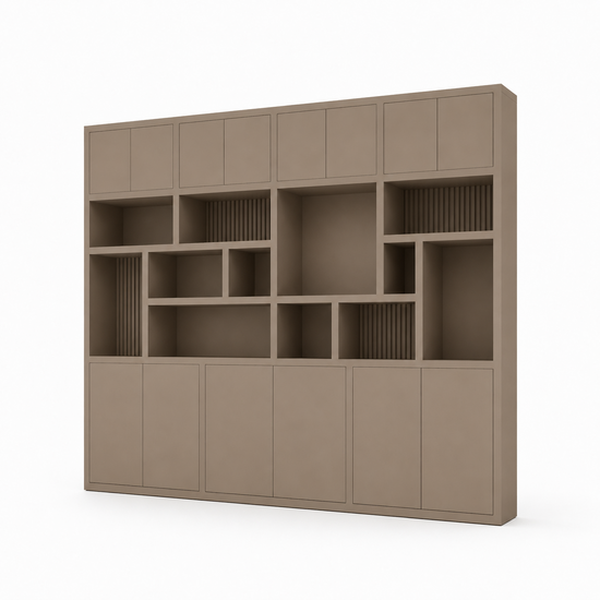 123kast  Vakkenkast Karumba - 340x50x263H cm - dichten deuren - 5cm plank dikte - open vakken - eiken panelen - strakke afwerking