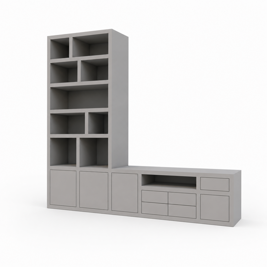 123kast  Tv vakkenkast dressoir Rennes - 300x40x240H cm - push to lades - push to open deuren - open vakken - strakke afwerking