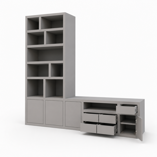 123kast  Tv vakkenkast dressoir Rennes - 300x40x240H cm - push to lades - push to open deuren - open vakken - strakke afwerking